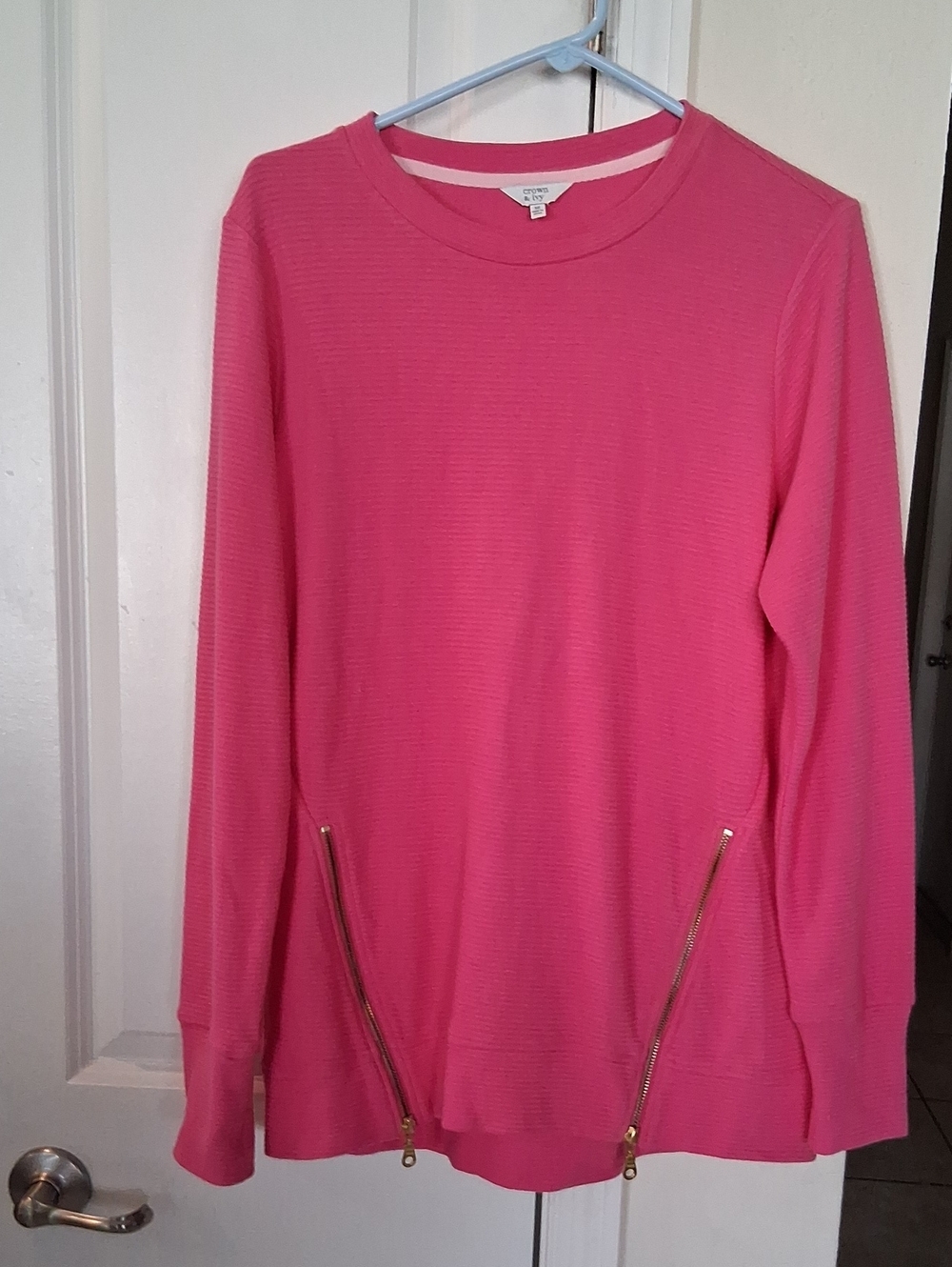 crown & ivy Hot Pink Crewneck Sweater with Gold Zippers